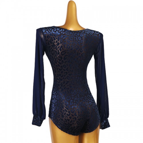 Navy blue leopard velvet latin ballroom latin dance bodysuit for Lantern Long Sleeves latin dance Top  Ballroom Dance jumpsuits for woman